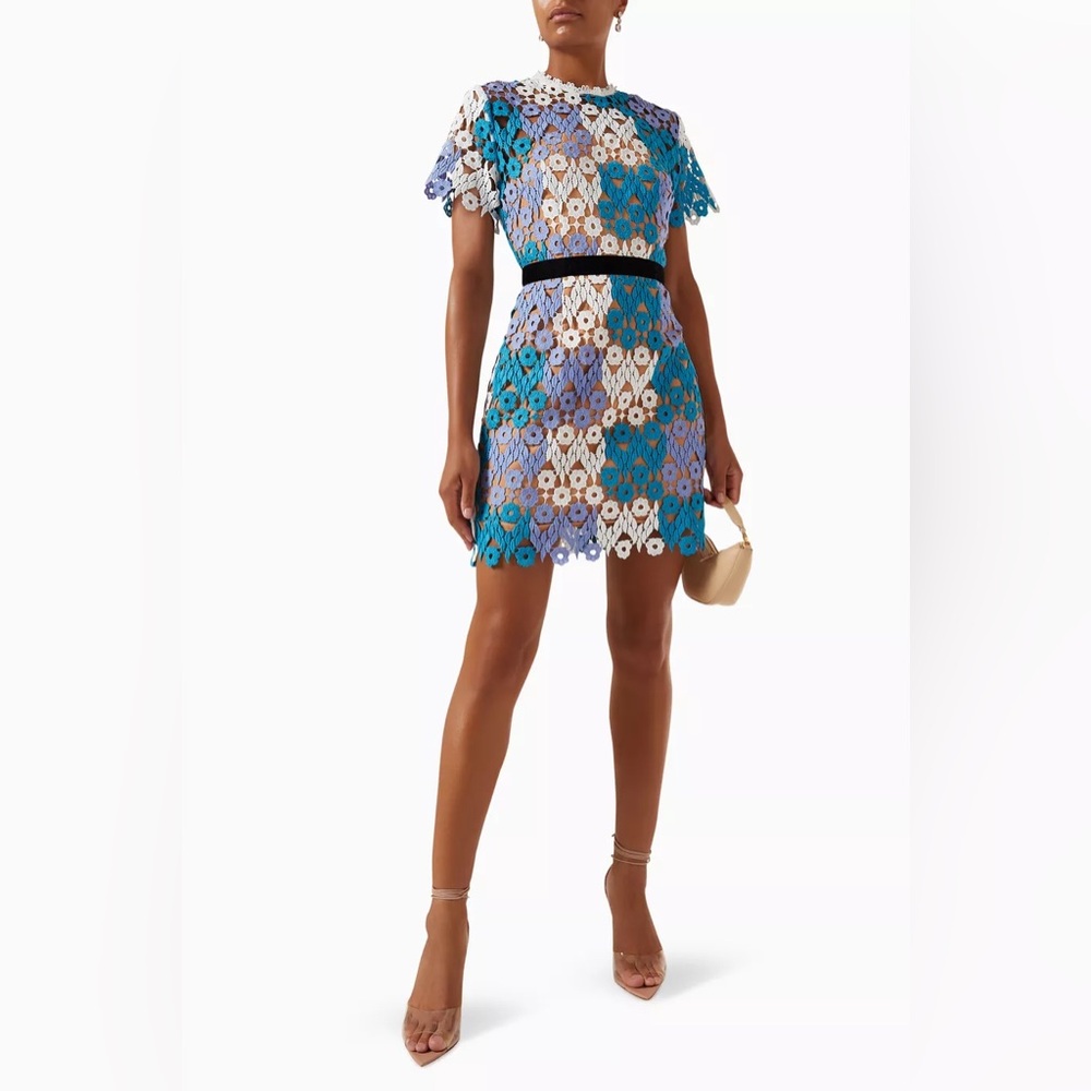 NWOT Elliatt Floral Crochet Lace Mini Dress in Blue, White & Teal